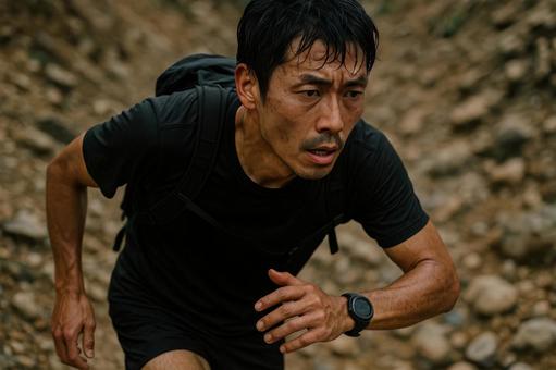 疲労感をにじませながらも走る男性 疲労感をにじませながらも走る男性の写真