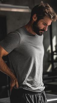 筋肉の痛みを感じる男性 筋肉の痛みを感じる男性の写真