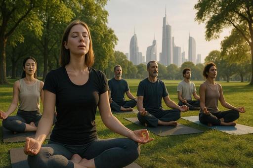 都会公園のヨガ瞑想 都会公園のヨガ瞑想の写真