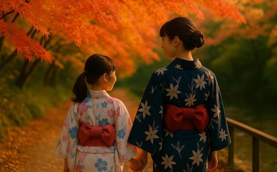 紅葉と浴衣の親子(AI生成) 紅葉と浴衣の親子(AI生成)の写真