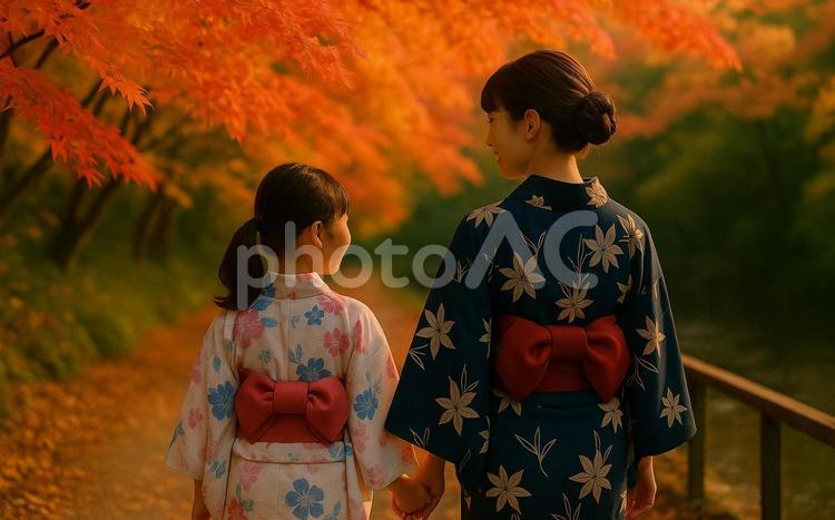 紅葉と浴衣の親子（AI生成） ai生成,紅葉,浴衣の写真素材