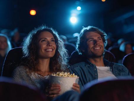 ポップコーンを手に映画を楽しむカップルの写真