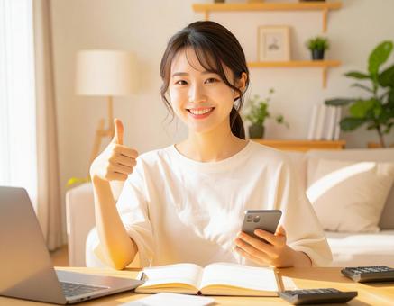 家計がうまくいきスマホ片手に微笑む女性 家計がうまくいきスマホ片手に微笑む女性の写真