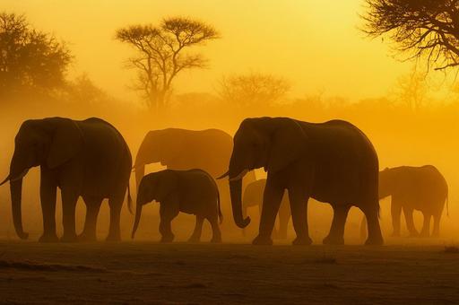 夕暮れのサバンナを歩くゾウたち 夕暮れのサバンナを歩くゾウたちの写真