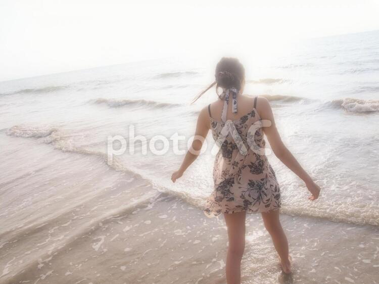 波打ち際の海に入る女性 海に入る女性,女性,後姿の写真素材