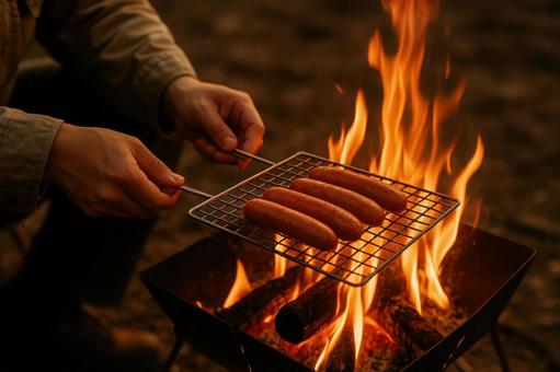 ウィンナーを焼く焚き火料理 ウィンナーを焼く焚き火料理の写真