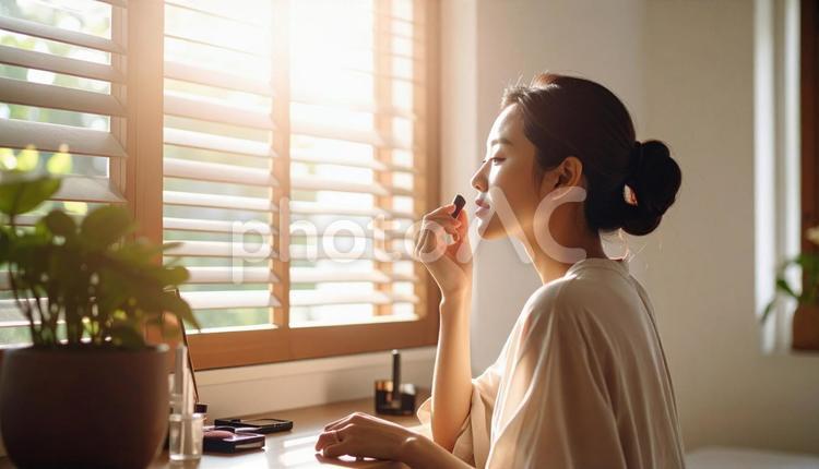 日差しの中で化粧する女性 女性,日本人,朝の写真素材