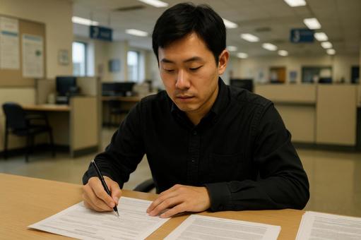 現地の役所で手続きする人の写真