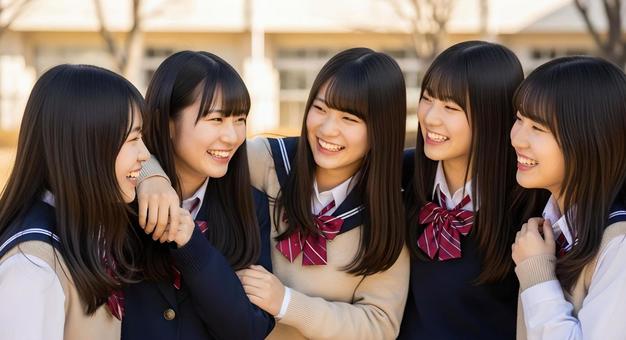 楽し気な仲がいい女子高校生グループの写真