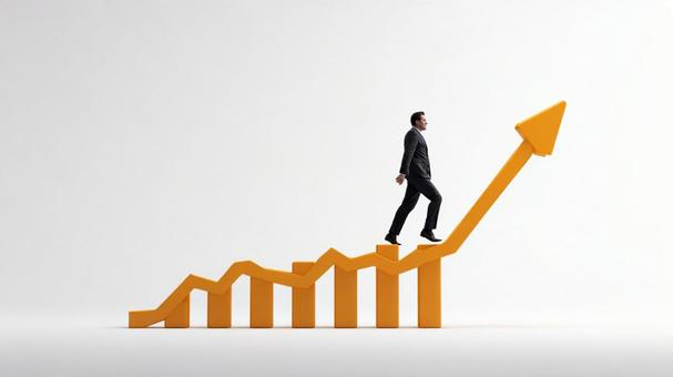 成功へ向かって進むビジネスマンと上昇矢印 成功へ向かって進むビジネスマンと上昇矢印の写真