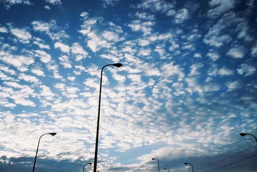 日暮れ時のうろこ雲と街灯（フィルム写真） うろこ雲,いわし雲,波状雲の写真素材