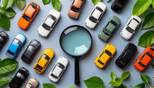 車を探す おもちゃの車を虫眼鏡で見る 車を探す おもちゃの車を虫眼鏡で見るの写真