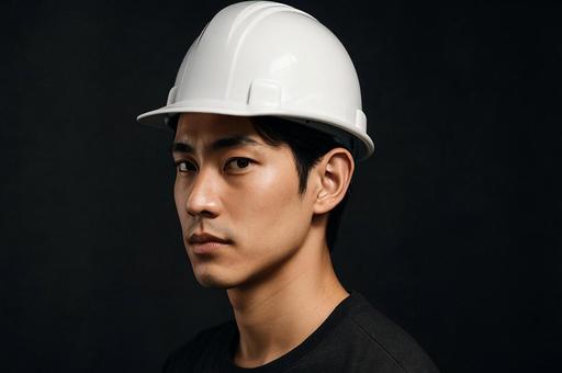男性がヘルメットを被った横顔・作業員 男性がヘルメットを被った横顔・作業員の写真