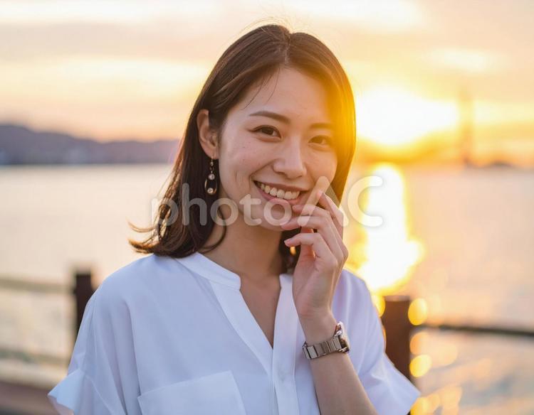 夕陽に照らされる女性の微笑み 夕焼け,女性,笑顔の写真素材