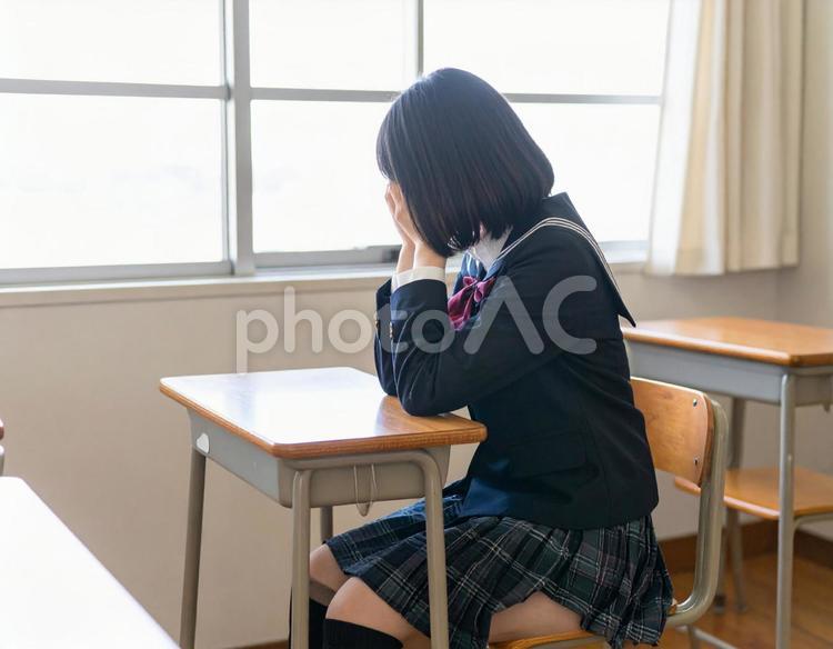 ひとり教室で悩む 学校,教室,学生の写真素材