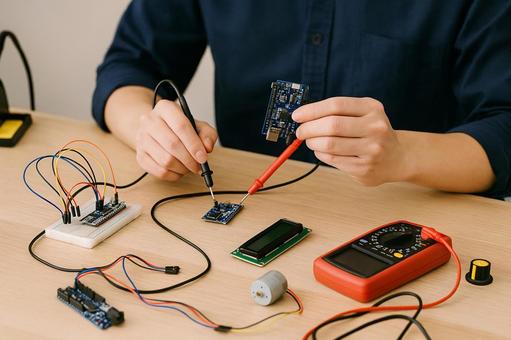電子工作をする手元 電子工作をする手元の写真