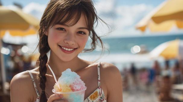 笑顔の女子とカキ氷 笑顔の女子とカキ氷の写真