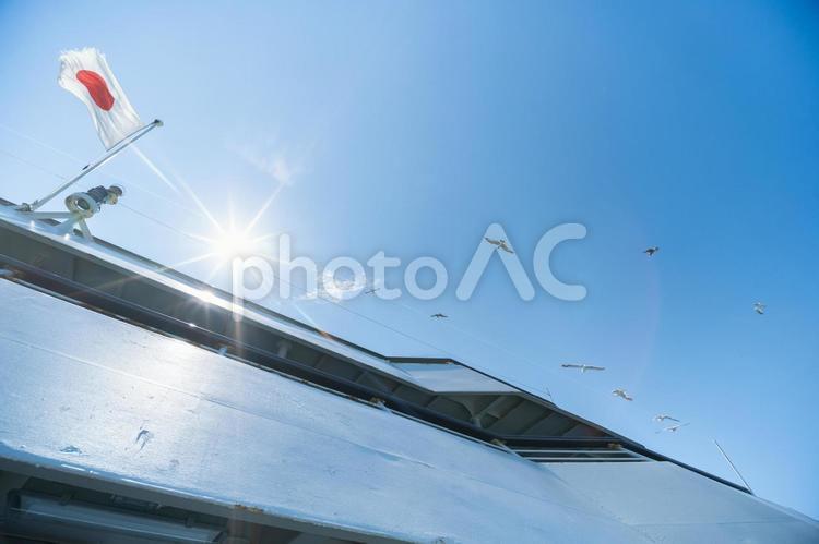 強い日差しとフェリー上を飛ぶウミネコ 太陽,日差し,夏の写真素材