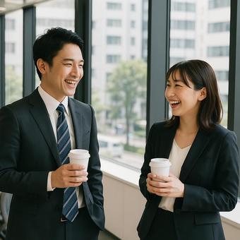 オフィスで談笑するサラリーマンとOL オフィスで談笑するサラリーマンとOLの写真