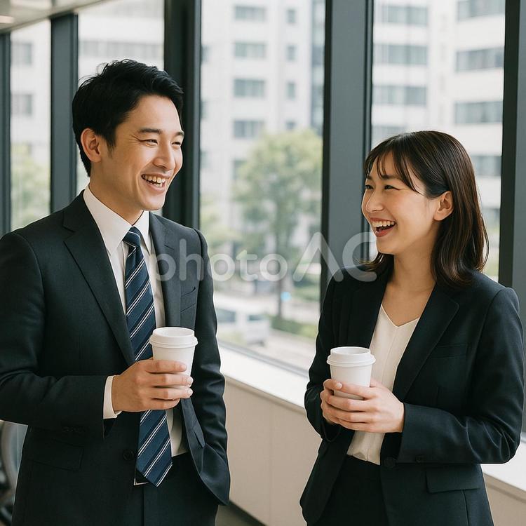 オフィスで談笑するサラリーマンとOL オフィス,コーヒー,サラリーマンの写真素材