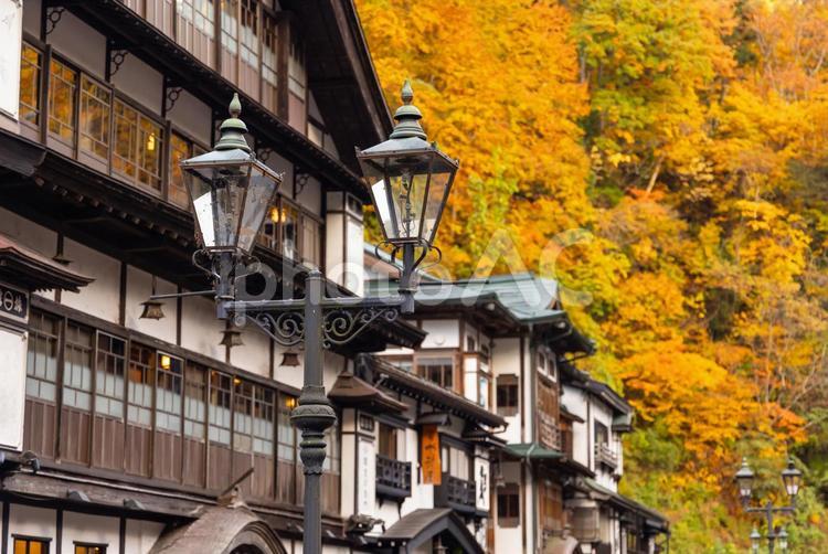 秋の街灯　レトロな街並み 街灯,レトロ,街並みの写真素材