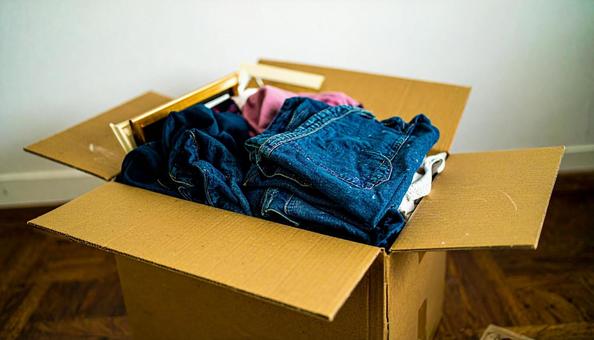 段ボール箱に入れた衣類と本と額縁 段ボール箱に入れた衣類と本と額縁の写真