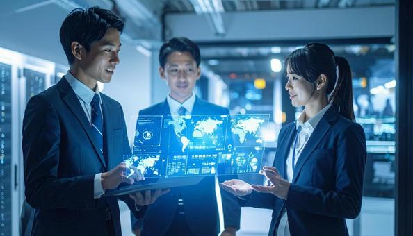 ホログラムのデータを見ながら議論 ホログラムのデータを見ながら議論の写真