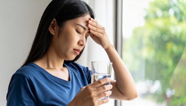 夏の朝、偏頭痛・目眩・倦怠感に悩む女性 夏の朝、偏頭痛・目眩・倦怠感に悩む女性の写真