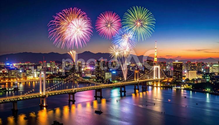 夜の街を彩る花火 街並み,ビル,ビル群の写真素材