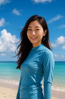 夏の海と爽やかな女性 夏の海と爽やかな女性の写真