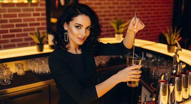 笑顔でカクテルを作る女性のバーテンダーの写真