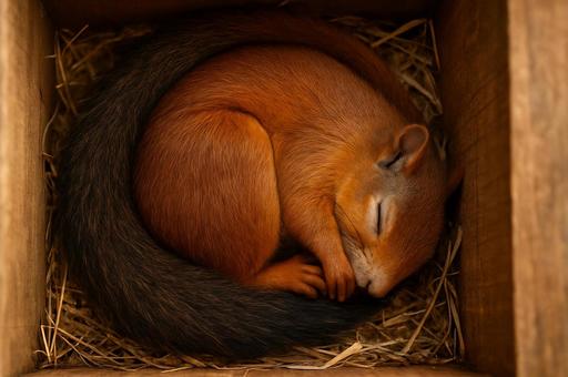 巣箱の中で丸くなって眠るリス 巣箱の中で丸くなって眠るリスの写真