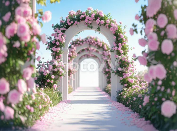 ピンクのバラに彩られた白いアーチ アーチ,薔薇,庭園の写真素材