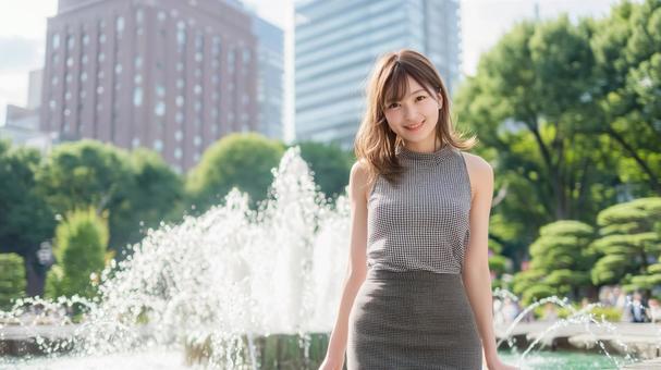 公園の噴水前に立つ女性 公園の噴水前に立つ女性の写真