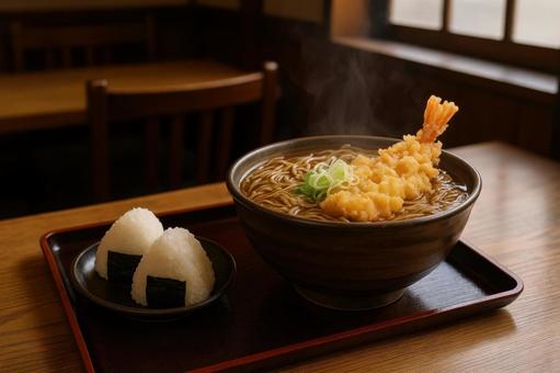 天ぷらそばの大盛りとおにぎりセット 天ぷらそばの大盛りとおにぎりセットの写真