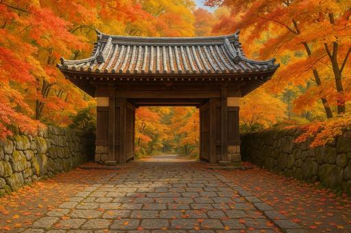 紅葉と城門 紅葉と城門の写真