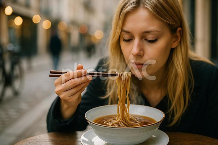 湯気と石畳が映える日本そばと外国人女性 蕎麦,女性,金髪の写真素材