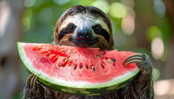 スイカを食べるナマケモノ スイカを食べるナマケモノの写真