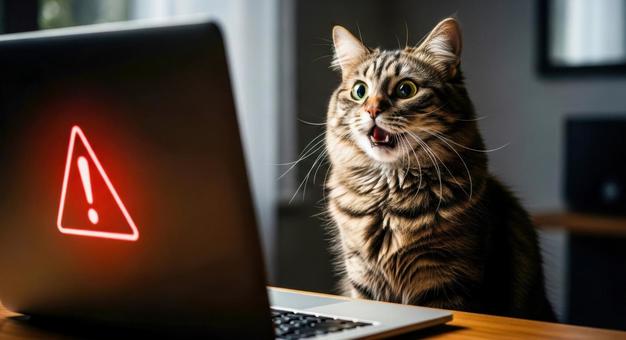 パソコンのエラーメッセージに驚く猫 パソコンのエラーメッセージに驚く猫の写真