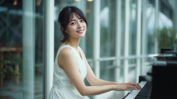 白いドレスを着てピアノを弾く笑顔の女性 白いドレスを着てピアノを弾く笑顔の女性の写真