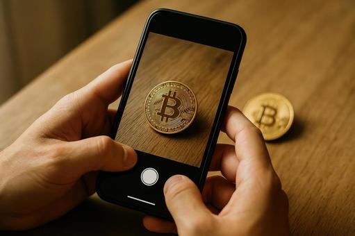 ビットコインを撮影する手 ビットコインを撮影する手の写真