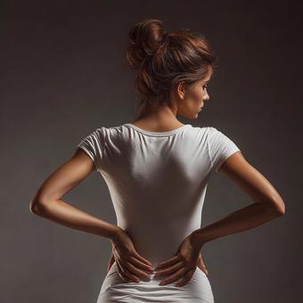腰に手を当てる女性、腰痛の兆候 腰に手を当てる女性、腰痛の兆候の写真