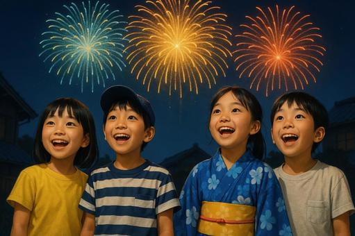 並んで花火を見上げる子どもたち 並んで花火を見上げる子どもたちの写真