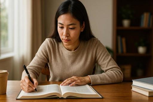 集中して読書する女性の写真