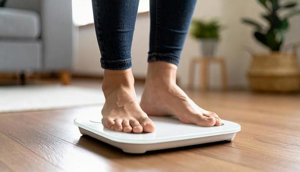 白い体重計に足を乗せる若い女性 白い体重計に足を乗せる若い女性の写真
