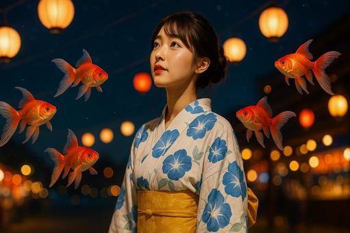 浴衣姿の女性と夜の金魚 浴衣姿の女性と夜の金魚の写真