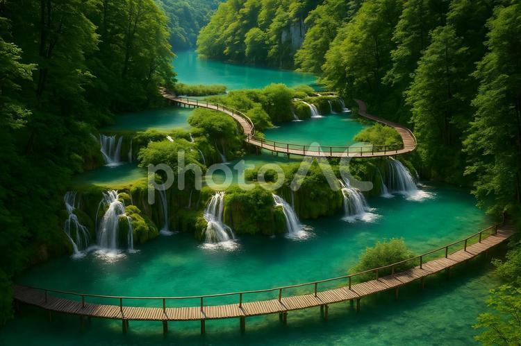 碧湖を渡る木道 プリトヴィツェ湖群,木道,多段滝の写真素材