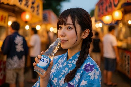 浴衣の女性がラムネを飲む 浴衣の女性がラムネを飲むの写真