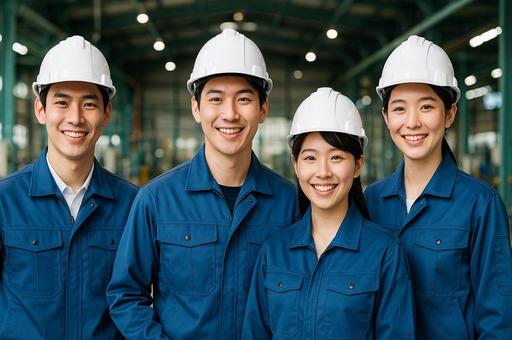 工場で笑顔の若手作業員グループ・製造業 工場で笑顔の若手作業員グループ・製造業の写真