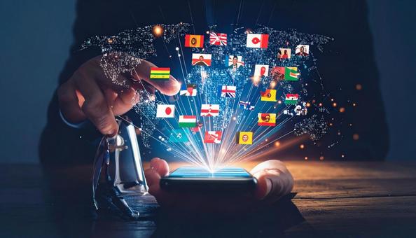 携帯から飛び出す様々な言語の写真